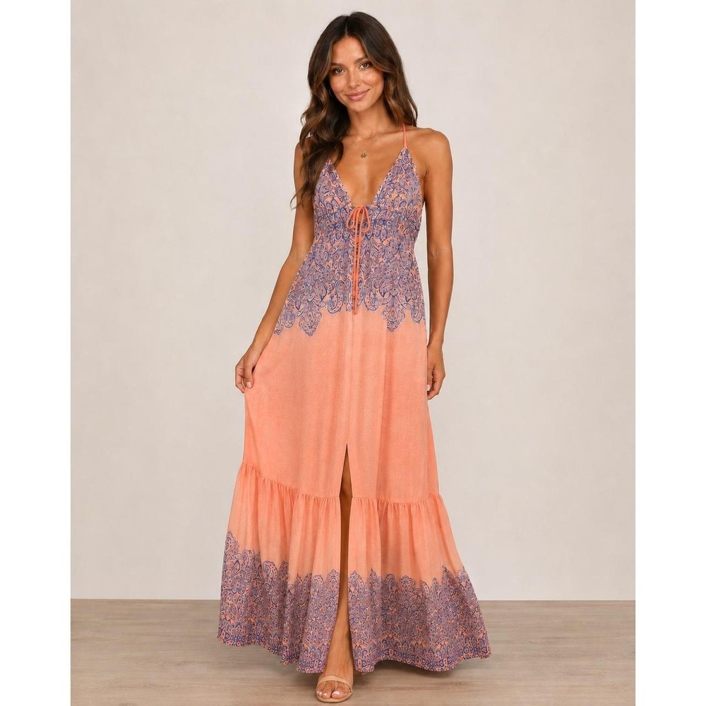 Venus Women Coral Purple Paisley Ombre Tiered Maxi Dress Size 6 Boho Festival